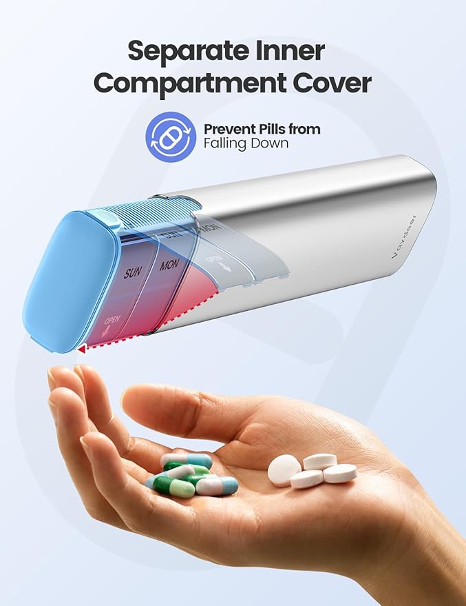 VAYDEER Metal Weekly Pill Organizer – Moisture-Proof Travel Pill Organizer with Built-in Desiccant Chamber and Airtight Lids – Large-Capacity Pill Box for Vitamins, Medicines & Supplements (Gray)