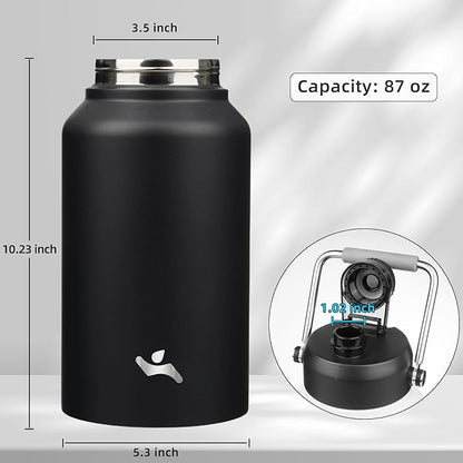 Jug with Handle,87 oz Insulated Water Bottle with Carrying Pouch, Double Wall Vacuum Stainless Steel Metal Bottle,Black