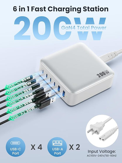 USB C Charger Block Charging Station 200W,Upgraded GaN IV 6-in-1 USB C Charger Fast Charging Hub,PD 65W Laptop Desktop Charging Adapter Compatible with MacBook/iPad, DELL,iPhone 16/15,Android etc