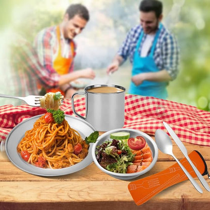 Stainless Steel Camping Cutlery Set - 8 Piece, Includes Spoons, Mugs, Bowls, Plates, Rags & Organizer Straps - Easy to Carry for Backpacking, Camping, Hiking and Picnics