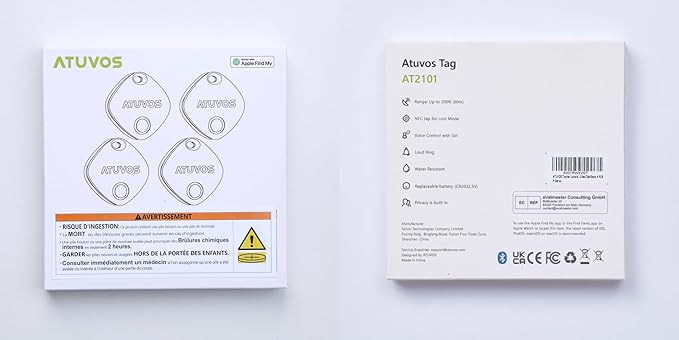 ATUVOS Air Tracker Tags-4 Pack, Bluetooth Luggage Tracker Works with Apple Find My APP (iOS Only, Not for Android), Keys Finder and Item Locator for Luggage, Backpack, Suitcases, Replaceable Battery