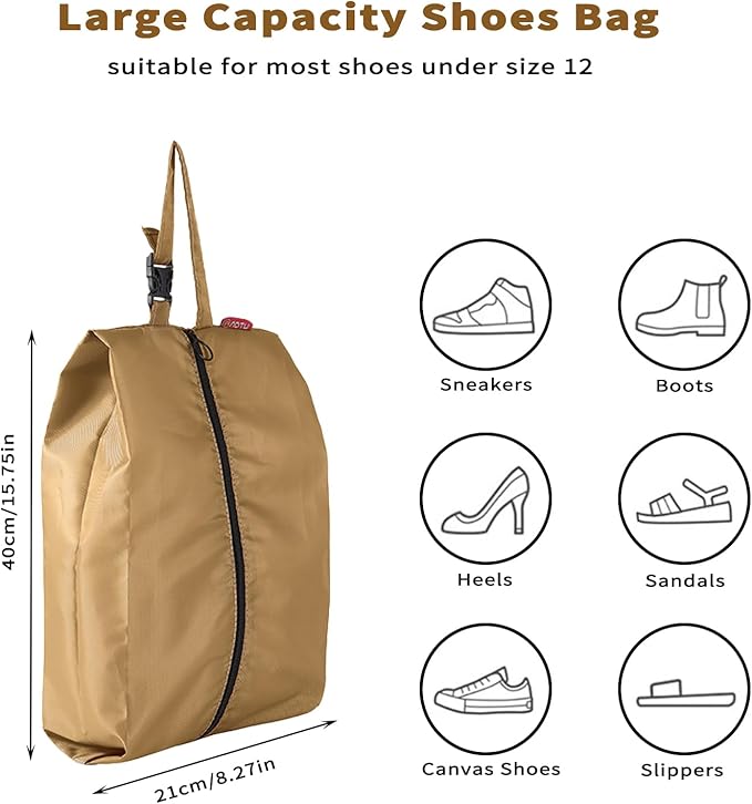 4Pack Travel Shoe Bags for Packing in Suitcase - Cleat Bags for Sports Smell Proof with Snap and Zipper, Waterproof Dustproof Shoe Pouch for Golf Soccer Gym Sports Travel (Khaki)