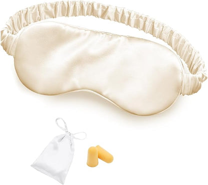 Silk Sleep Mask Eye Mask Blindfold with Double Layer Silk Filling and Elastic Strap for Full Night's Sleep, Travel and Nap, Soft Eye Cover Eyeshade with Luxury Bag and Ear Plugs (Champagne)