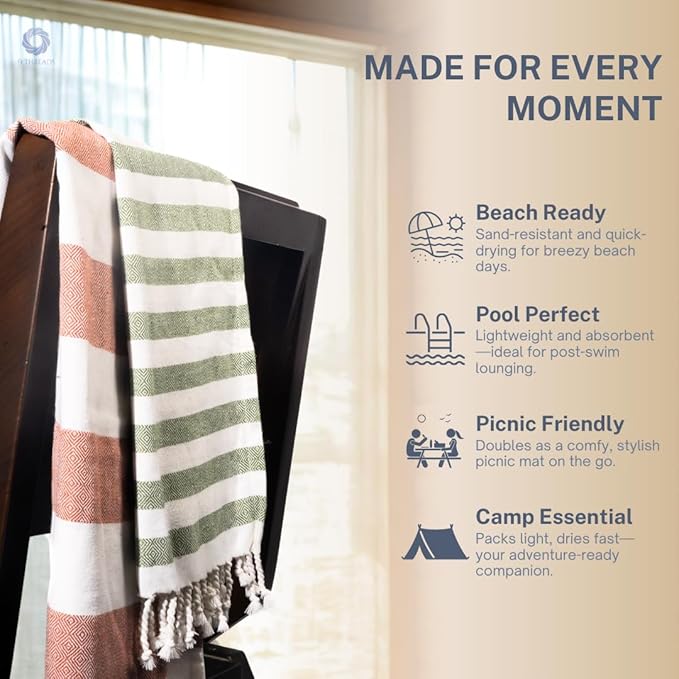 Cotton Turkish Beach Towel with Towels Oversized 36"x72" Pool Absorbent Extra Large Quick Dry Sand Travel Towel (Kavee Mist, 4 Pack)