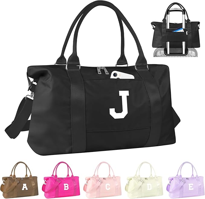 Initial Travel Duffel Bag Sports Gym Bag for Boys Teen Birthday Gifts,Black Personalized Weekender Bag Carry On Tote Bags for Men,Waterproof Overnight Luggage Bag Airplane Travel Essentials(Letter J)