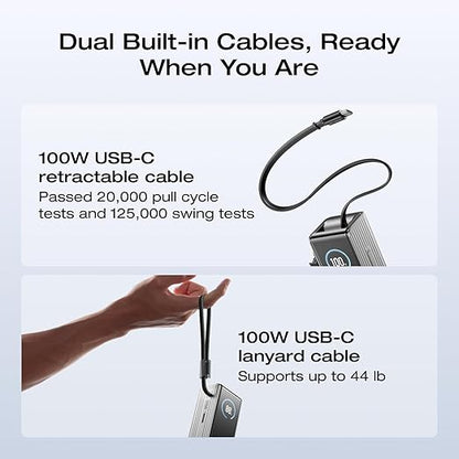 EF ECOFLOW Rapid Power Bank, 25,000mAh, 170W, 100W Built-in and Retractable Cables, Portable Charger with Triple 100W USB-C Port, Compatible with iPhone 17/16/15/14, Samsung, Laptop and More, Silver