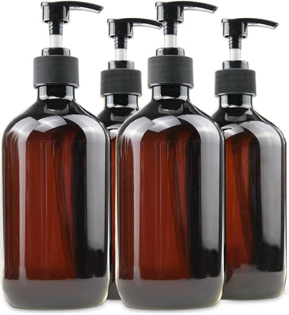 Empty Plastic Bottles with Pump Dispenser and Labels Included, Refillable Travel Containers for Hand sanitizer Shampoo Lotion, etc - No BPA/Parabenf, 500ml/16.9oz (Amber, 4 Pack)