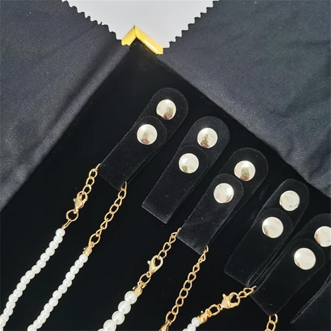 Premium Jewelry Roll Organizer for 16 Necklaces 55cm x 29cm Metal Snap & Velcro Closure - Ideal for Travel and Storage (Black with golden corner)