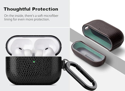 Handmade Case - for AirPods Pro 2 Case Cover with Carabiner - Selected Vegan Leather, Lizard Skin Texture, Drop Protection Hard Shell Cover for AirPods Pro 2nd Generation Earbuds - Black