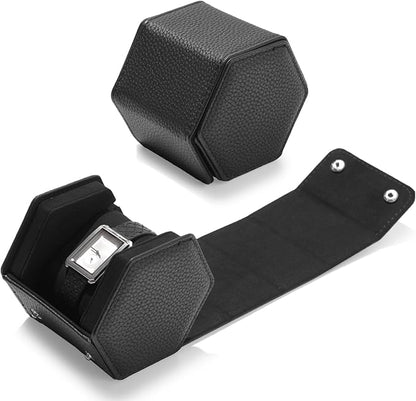 Oirlv Luxury Hexagonal Leather Watch Travel Case Single Watch Box for Men Portable Jewelry Storage Roll Organizer (1-Slot,Black)