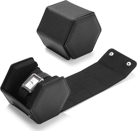 Oirlv Luxury Hexagonal Leather Watch Travel Case Single Watch Box for Men Portable Jewelry Storage Roll Organizer (1-Slot,Black)
