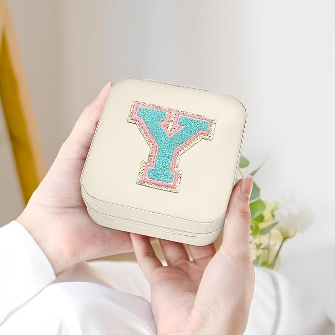 SANDJEST Personalized Jewelry Box, White Travel Jewelry Box with Initial Y, Small Monogrammed Jewelry Case Organizer for Girls Women Teen Kids, Mini Travel Essentials Gifts for Birthday Christmas
