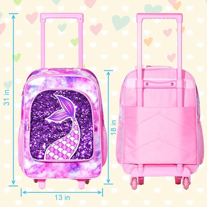 2PCS Kids Luggage, Suitcases for Girls, Carry on Rolling Luggage with Wheels, 18" Toddler Suitcase Set 12" with Sequin Backpack - Pink Mermaid