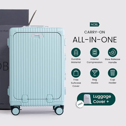 Nobl Travel Carry On Luggage, Noble Zipperless Aluminum Frame PC Hard Shell Suitcase, 22.5x15x9.5 Airline Approved, 360° Spinner Wheels, TSA Locks, USB Charging Port, Cup & Phone Holder - Powder Blue