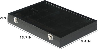 Coward Jewelry Organizer Box, Black Velvet 24 Grids Ring Earring Jewelry Display Tray Case with Transparent Glass Lid for Home Drawer or Shop Selling