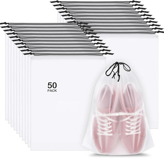 50 Pack Shoe Bags for Travel, 15.7" x 11.8" Translucent Travel Shoe Bags for Packing, Large Waterproof Portable Drawstring Travel Shoe Storage Bag Travel Essentials Women for and Men