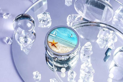 Pill Box,Beach Starfish Round Pill Box 3 Compartment Decorative Pocket Purse Portable Mini Travel Medicine Tablet Vitamin Holder Organizer Pill Case