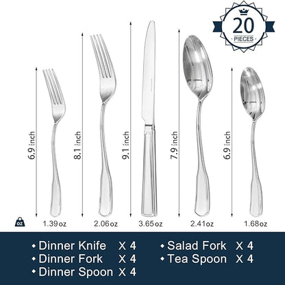 KINGSTONE 20-Piece Silverware Set, 18/10 Stainless Steel Flatware Set for 4, Tableware Cutlery Set, Utensil Sets for Home Restaurant, Mirror Finish, Dishwasher Safe