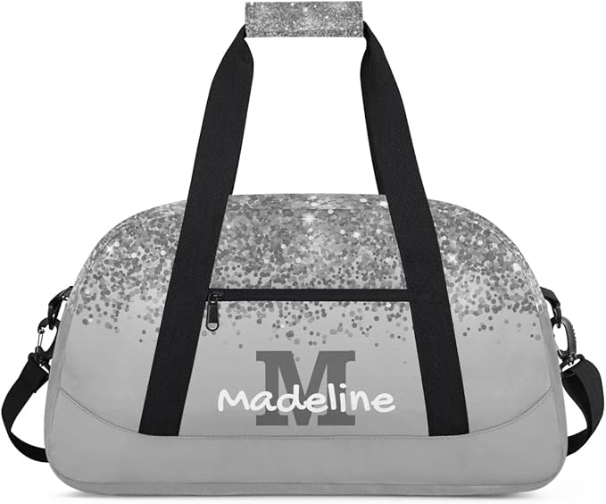 Personalized Kids Sports Duffel Bag with Name Custom Weekender Overnight Bag for Boys Girls Gym Bag Travel Dance Gymnastics Duffel Bag, Gray Glitter