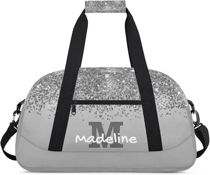 Personalized Kids Sports Duffel Bag with Name Custom Weekender Overnight Bag for Boys Girls Gym Bag Travel Dance Gymnastics Duffel Bag, Gray Glitter