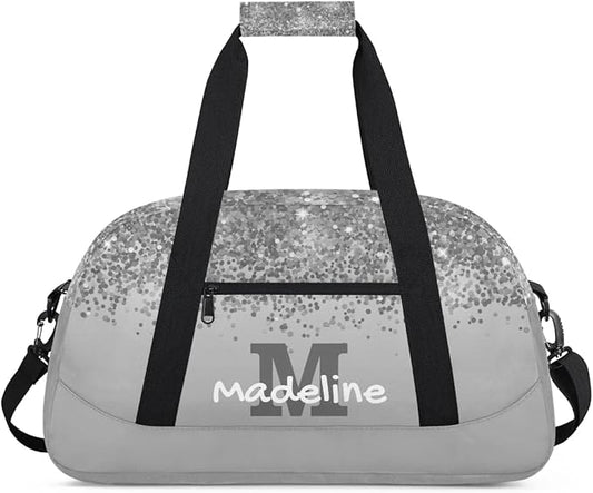 Personalized Kids Sports Duffel Bag with Name Custom Weekender Overnight Bag for Boys Girls Gym Bag Travel Dance Gymnastics Duffel Bag, Gray Glitter