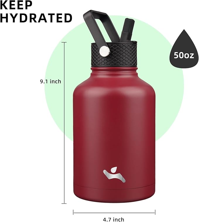 Insulated Water Bottle with Straw,50 oz 3 Lids Water Jug with Carrying Bag,Paracord Handle,Double Wall Vacuum Stainless Steel Metal Flask,Dark Red