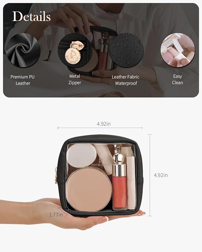 Pocmimut Mini Makeup Bag with Small Cosmetic Bag Travel Essentials Organizers,TSA Approved Toiletry Bag Makeup Pouch Clear Cosmetic Bags for Women Men,Black