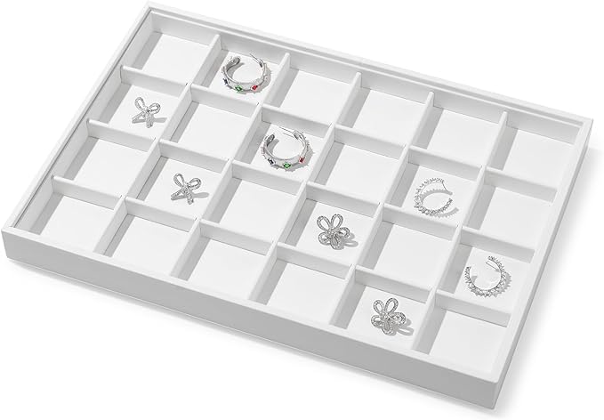 Oirlv Premium White Leather Stackable Jewelry Tray 24 Grid Jewelry Drawer Organizer Trays Rings Earrings Storage