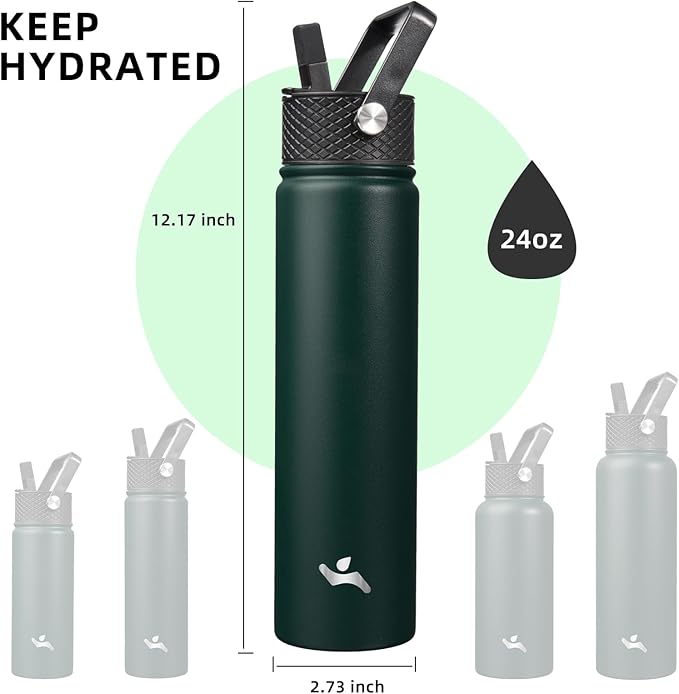 Insulated Water Bottle 24oz Stainless Steel Sport Bottles with 3 Lids,Army Green