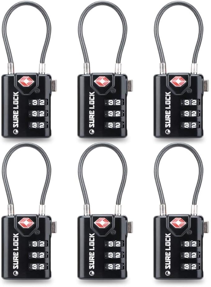 SURE LOCK TSA Approved Combination Luggage Locks with Open Alert Indicator – Durable Zinc Alloy Cable Travel Locks with Large Easy-Read Dials for Suitcases, Backpacks & Gym Bags(Black 6 Pack