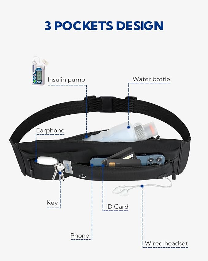 WATERFLY Running Belt Fanny Pack: Runner Marathon Jogging Waist Pack Sport Workout Exercise Fitness Phone Holder Belt for Men Women Jogger Slim Waist Bag Black