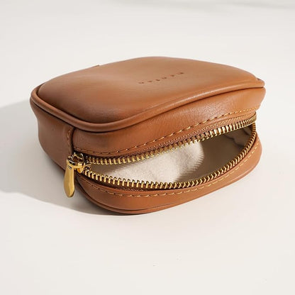 Leather Cosmetic Bag for Women Small Zipper Makeup Bag for Purse Waterproof Travel Makeup Organizer Charger Storage Pouch Color Brown