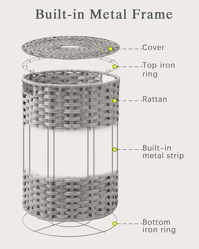 Laundry Hamper with Lid Laundry Basket with Lid 19.0 Gal (72 L) Round Laundry Basket Handwoven Rattan Basket with Lid Removable Bag 2 Mesh Bags Handles for Living Room Bathroom Gray