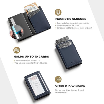 VULKIT Men's Wallet with ID Window Premium Leather Wallets RFID Blocking Minimalist Wallet Pop Up Card Holder Magnetic Closure