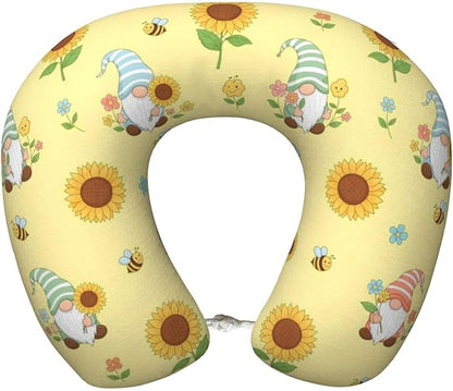 Funny Neck Pillow Support for Car Flight Rest Honey Bees Cute Gnome Sunflower Floral, Memory Foam U Shaped Decor Head Cushion for Home Outdoors Travel