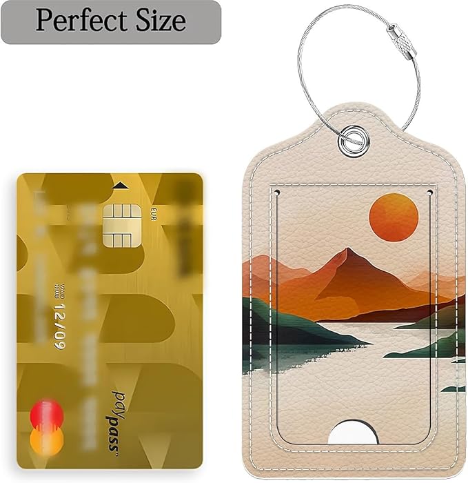 Funny PU Leather Luggage Tags 2-Pack Suitable for Suitcase Stainless Steel Loop and Address Card Essential with Cruise and Airport Travel Yellow Sunrise River Mountain Cute Pattern