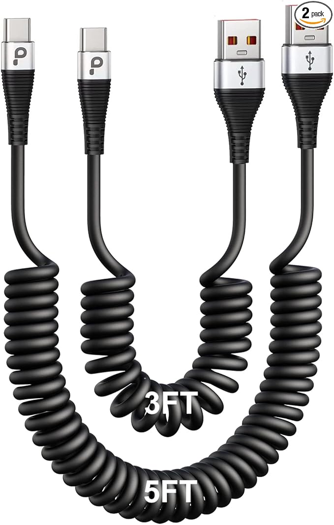 USB Type C Coiled Cable Fast Charging (3FT/5FT), 2Pack Android Auto Charging Cord for Car, Short USB A to USB C Charge Cable Compatible with iPhone 17/16/15/Pro Max/Samsung Galaxy S20 Note 10 and More