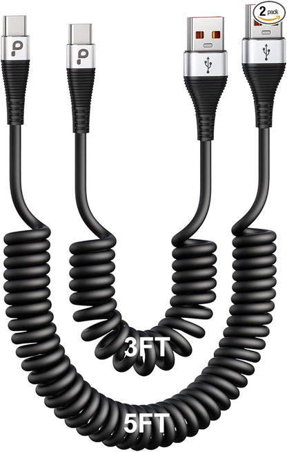 USB Type C Coiled Cable Fast Charging (3FT/5FT), 2Pack Android Auto Charging Cord for Car, Short USB A to USB C Charge Cable Compatible with iPhone 17/16/15/Pro Max/Samsung Galaxy S20 Note 10 and More