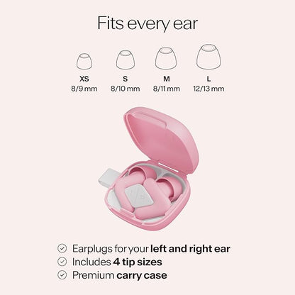 Alpine Silence Earplugs for Sleep, Focus & Travel - V-Shape Snug Fit & Soft Oval Tips – 4 Sizes XS/S/M/L - Comfortable, Reusable Hearing Protection - up to 25dB – Pink