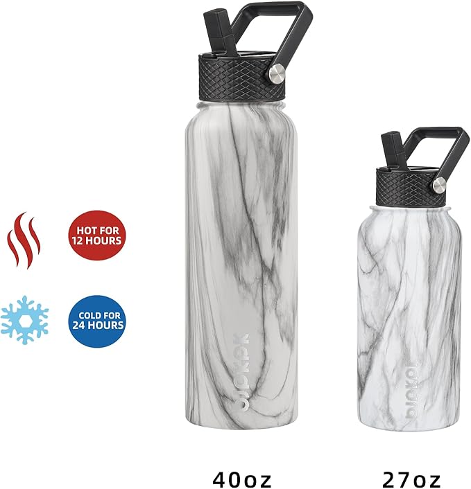 BJPKPK Insulated Water Bottles with Straw Lid, 40oz Stainless Steel Water Bottles with 3 Lids, BPA Free Leakproof Thermo, Tumblers, Cups for Sports, Gym- White Birch