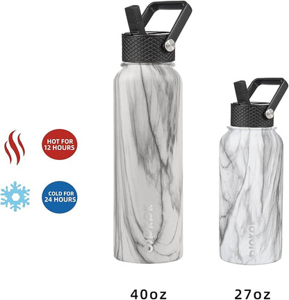 BJPKPK Insulated Water Bottles with Straw Lid, 40oz Stainless Steel Water Bottles with 3 Lids, BPA Free Leakproof Thermo, Tumblers, Cups for Sports, Gym- White Birch