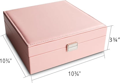 Frebeauty Earring Organizer Classic Jewelry Box 50 Slots Double Layer Jewelry Storage Case with 6 Necklace Hook and Bracelet Pocket(Pink)