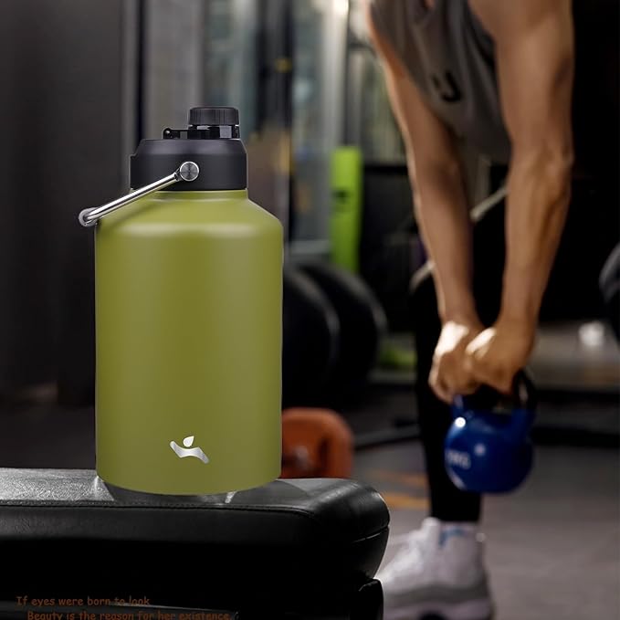 1 Gallon Jug with Handle,128 oz Insulated Water Bottle with Carrying Pouch, Double Wall Vacuum Stainless Steel Metal Bottle,Forest Green