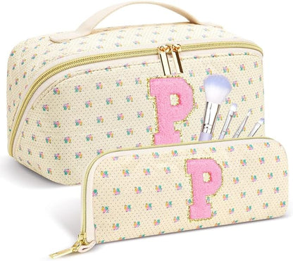 Personalized Travel Makeup Bag Set,Initial Travel Cute Floral Makeup Organizer Bag,Toiletry Skincare Cosmetic Bag,Christmas Gifts for Women/Girls,Open Flat Toiletry Pouch with Brush Pocket-P