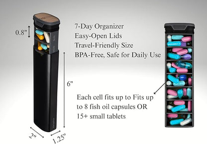 7 Day Pills Organizer Stylish Aluminum and Wood Weekly Pill Box for Medicine, Vitamins, and Supplements. Sleek, Durable & Compact Travel Case. (Black)