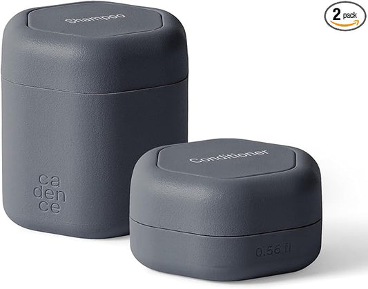 Cadence Travel Containers - 2 Piece Haircare Set - Magnetic Travel Capsules - For Shampoo, Conditioner, Hair Styling Product - 1 Small & 1 Medium Capsule - Shampoo & Conditioner Labels - Charcoal