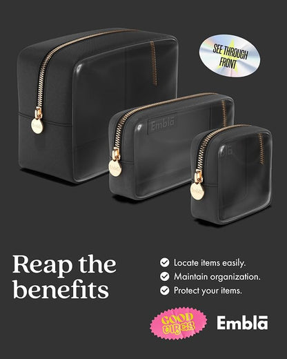 Clear Cosmetic Bags Set of 3, Mini Small Large Makeup Bags For Women Clear Pouch Cosmetics Cases Zipper Cute Pouches Make Up Travel Toiletry Essentials Preppy Purse Organizer Makeup Cases, Black