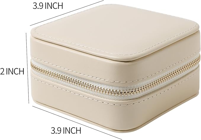 Genuine Leather Travel Jewelry Case Organizer with Mirror for Women, Small Jewelry Box Portable Mini Jewelry Case for Earring, Ring, Necklace, Bracelet(Beige)