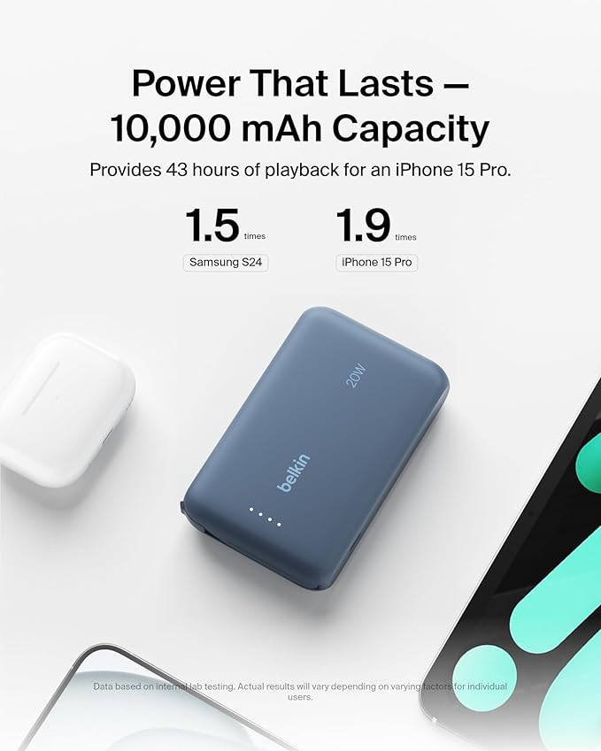 Belkin Portable Charger, Portable Power Bank with Integrated Cable 10000 mAh 20W - Fast Charge USB C Power Delivery - iPhone 17, Air, Pro, Pro Max, iPad, AirPods, Apple Watch, Galaxy S25, etc. - Blue