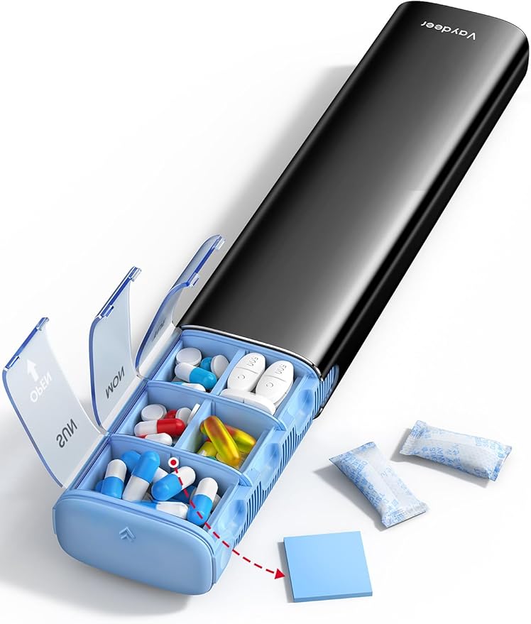 VAYDEER Metal Weekly Pill Organizer – Moisture-Proof Travel Pill Organizer with Built-in Desiccant Chamber and Airtight Lids – Large-Capacity Pill Box for Vitamins, Medicines & Supplements (Black)